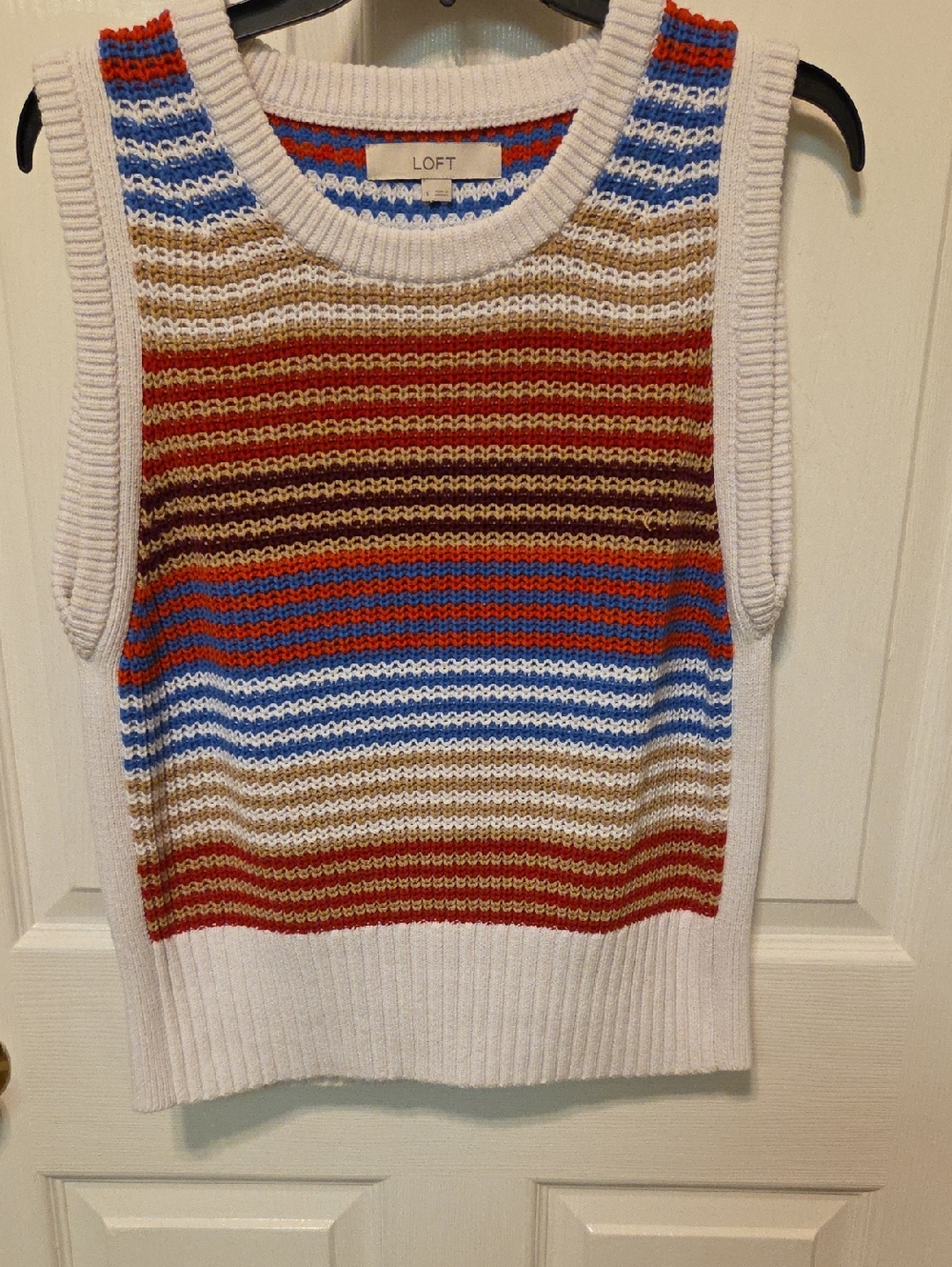 LOFT Striped Knit Sleeveless Sweater Vest in White, Blue, Red, Brown